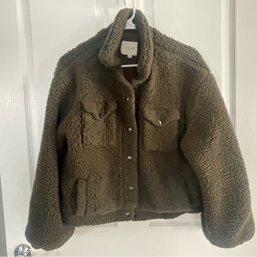 Le Lis Green Sherpa Button Front Long Sleeve Teddy Jacket Women's Medium M